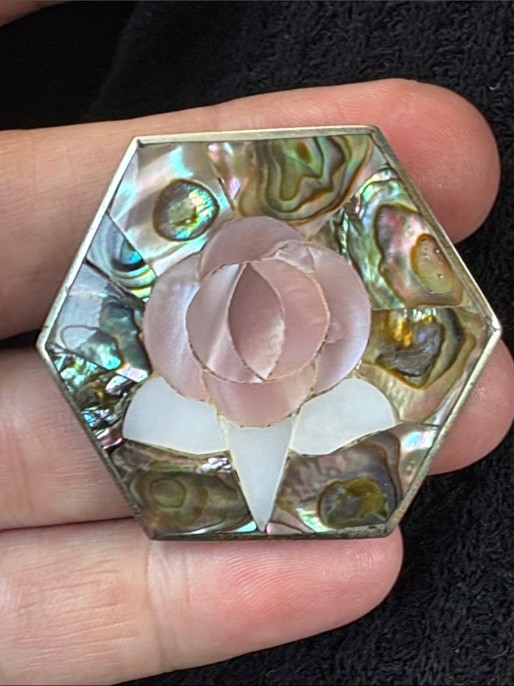 Vintage Abalone Shell Inlay Pink Rose Hexagon Brooch